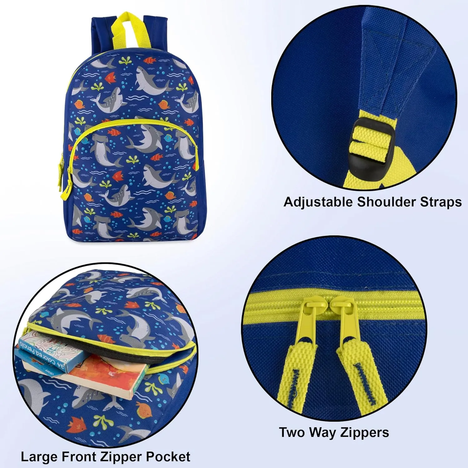 15 Inch Kids Backpacks for Boys & Girls | Preschool, Kindergarten, Elementary School Backpacks with Adjustable, Padded Straps (Seafaring Sharks)
