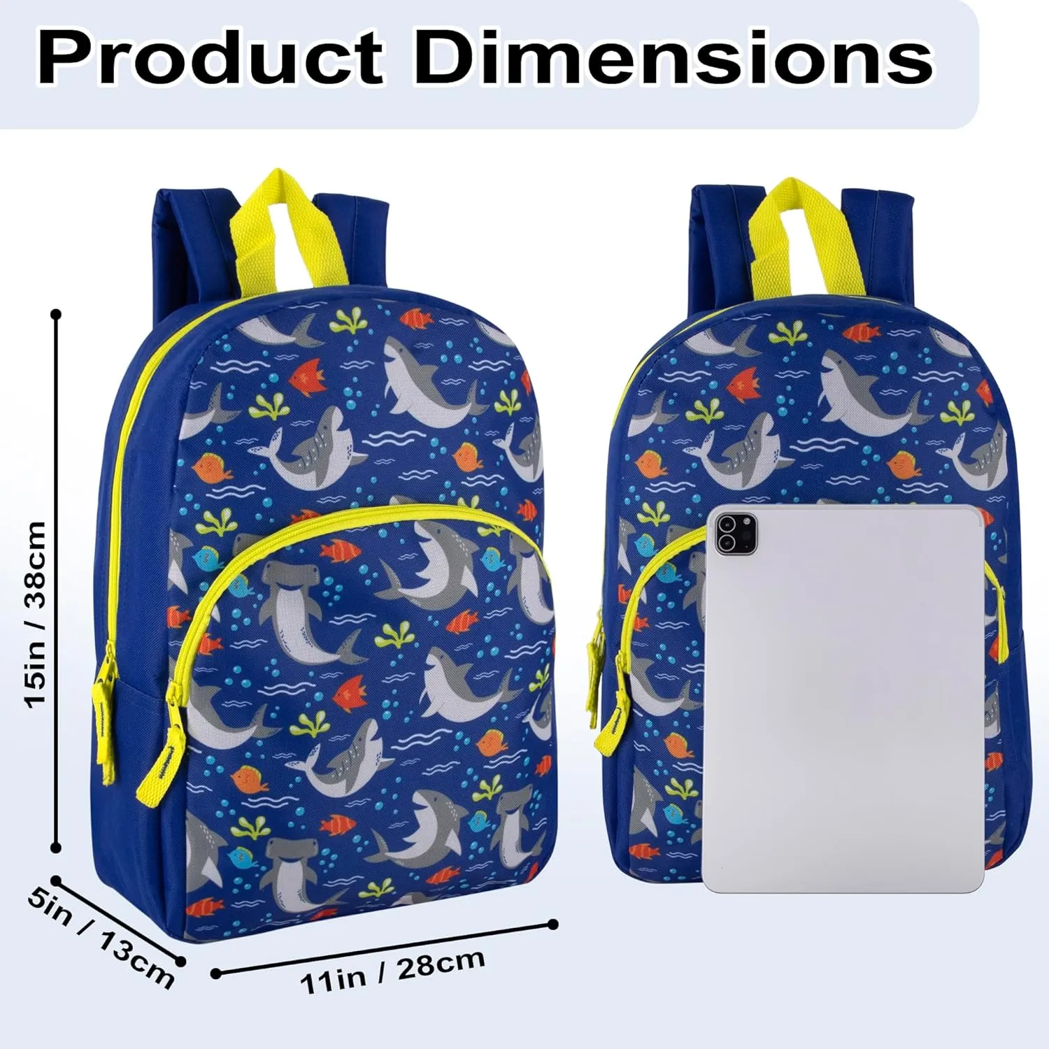 15 Inch Kids Backpacks for Boys & Girls | Preschool, Kindergarten, Elementary School Backpacks with Adjustable, Padded Straps (Seafaring Sharks)