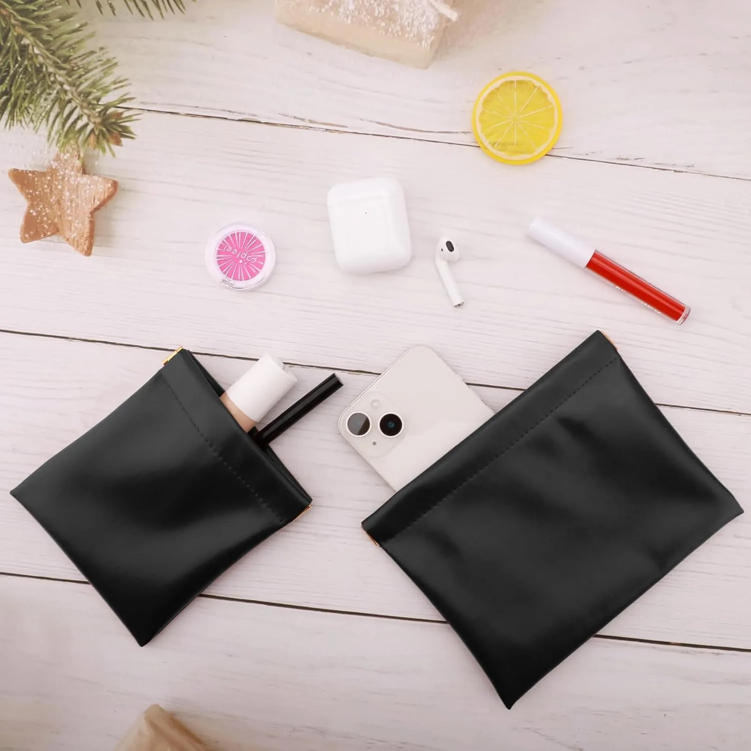 2 PCS Ladies Small Makeup Bag for Purse,Coin purse lipstick Cosmetic Accessories Organizer,Travel Set Organizer,Waterproof Portable Zipperless Self-Sealing Ladies Small Cosmetic Bag(Black)