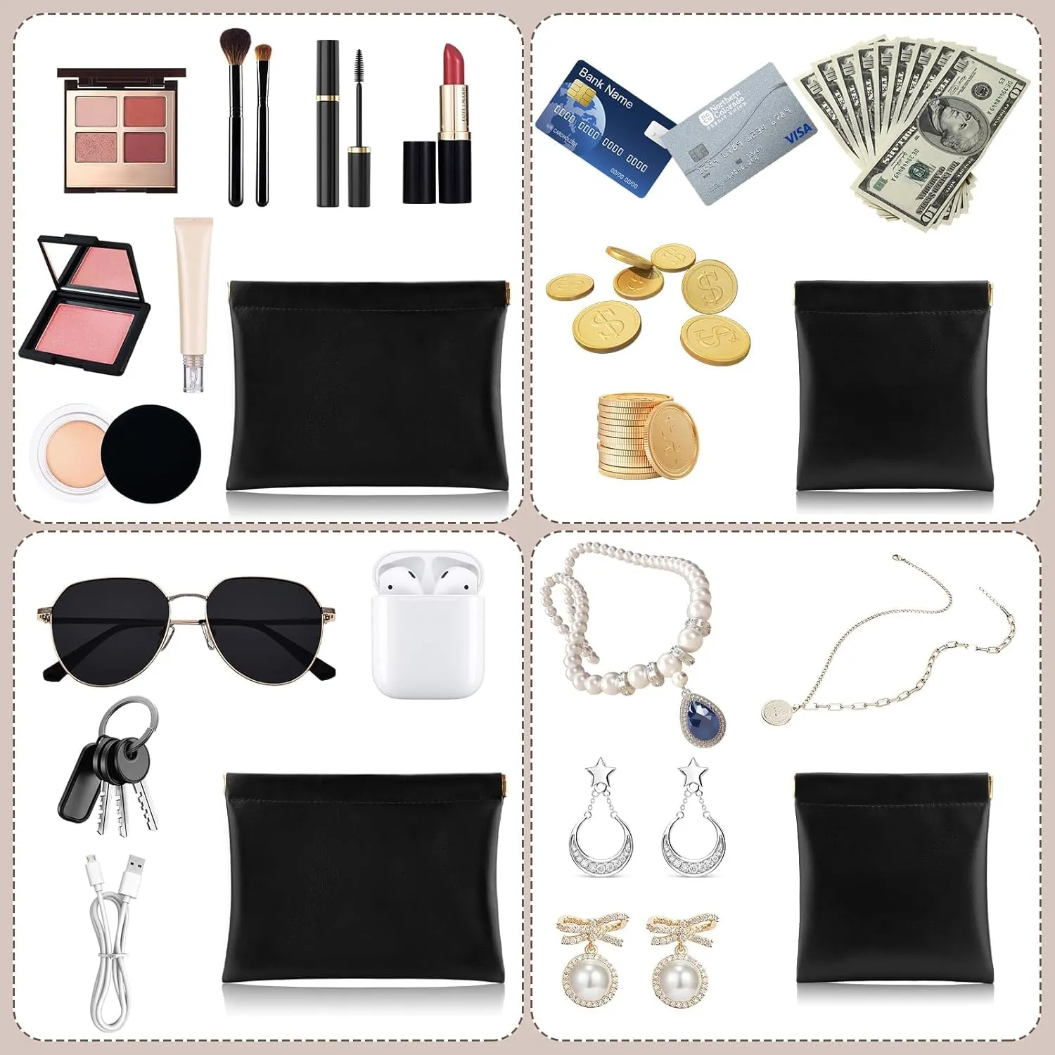 2 PCS Ladies Small Makeup Bag for Purse,Coin purse lipstick Cosmetic Accessories Organizer,Travel Set Organizer,Waterproof Portable Zipperless Self-Sealing Ladies Small Cosmetic Bag(Black)