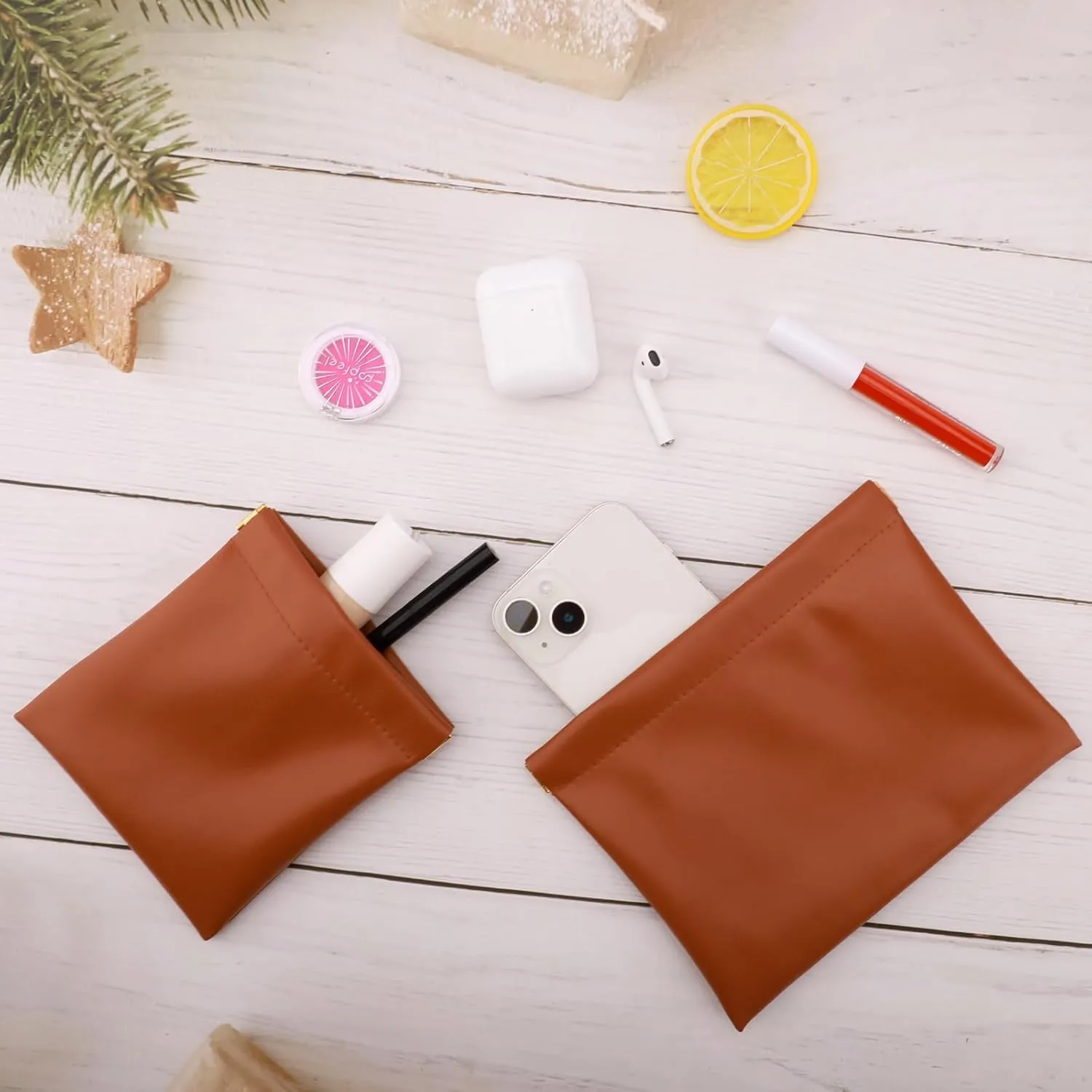 2 PCS Ladies Small Makeup Bag for Purse,Small Makeup Pouch,Purse organizer,Coin purse lipstick Cosmetic Accessories Organizer,Travel Set Organizer,Waterproof Portable Zipperless Self-Sealing(Brown)