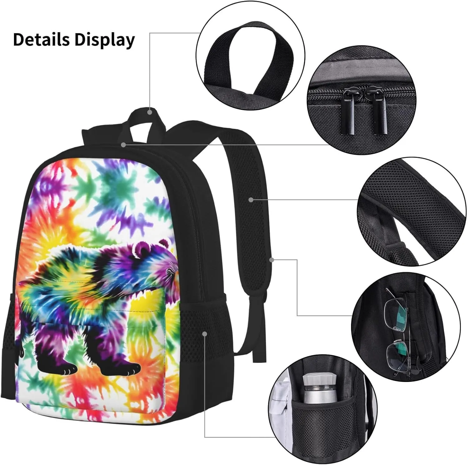 3-In-1 Backpack Bookbag Set,Bear Dancing Tie Dye Print Casual Travel Backpacks,With Pencil Case Pouch, Lunch Bag