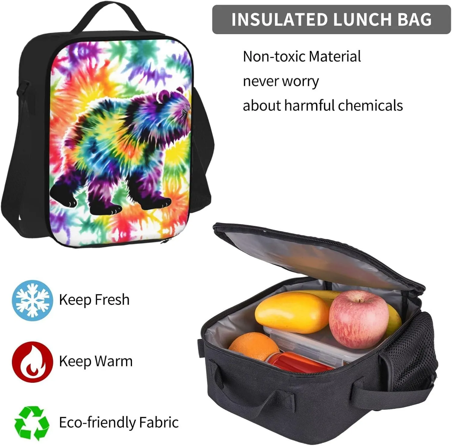 3-In-1 Backpack Bookbag Set,Bear Dancing Tie Dye Print Casual Travel Backpacks,With Pencil Case Pouch, Lunch Bag