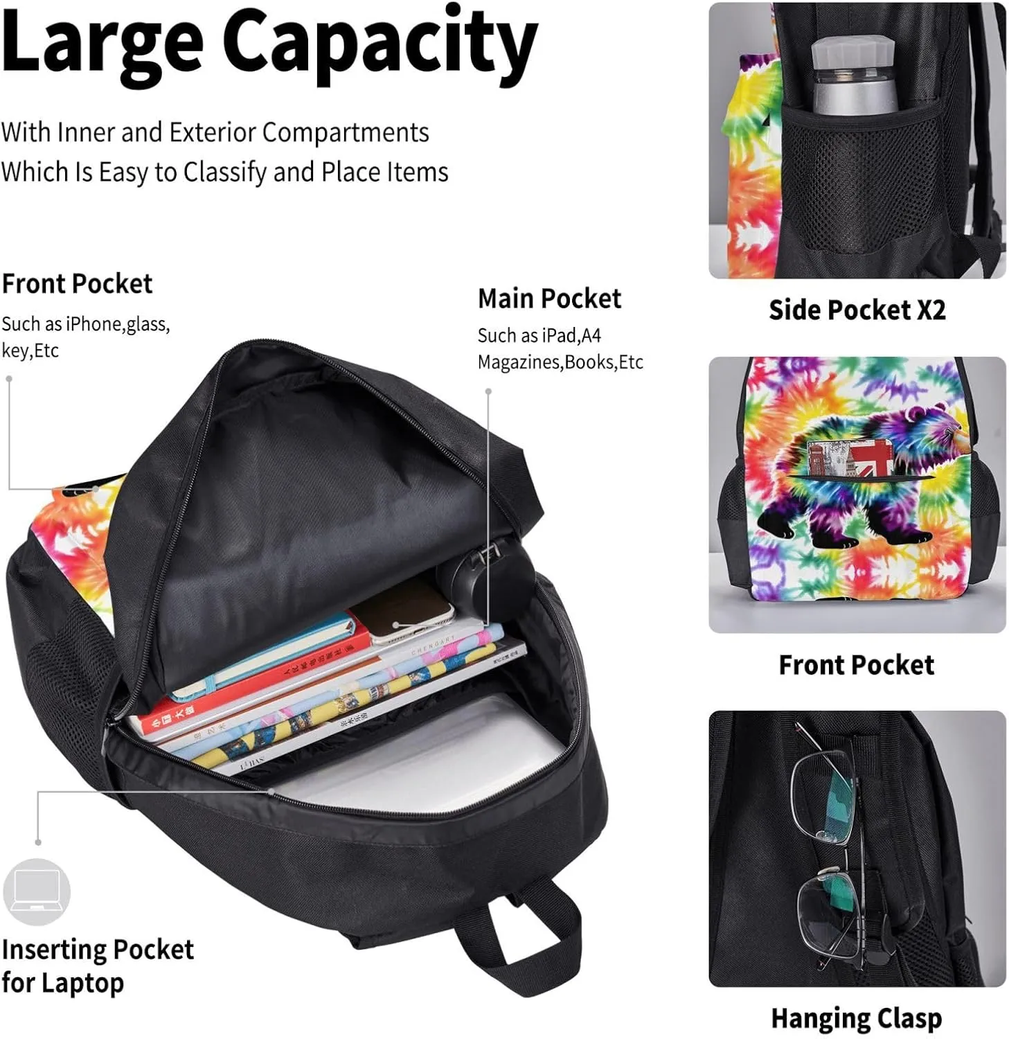 3-In-1 Backpack Bookbag Set,Bear Dancing Tie Dye Print Casual Travel Backpacks,With Pencil Case Pouch, Lunch Bag