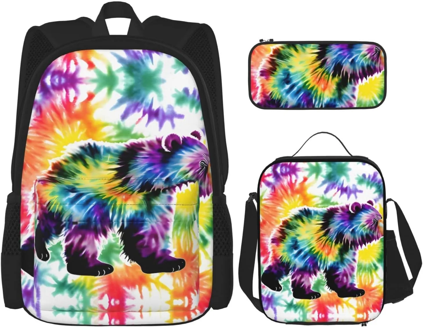 3-In-1 Backpack Bookbag Set,Bear Dancing Tie Dye Print Casual Travel Backpacks,With Pencil Case Pouch, Lunch Bag