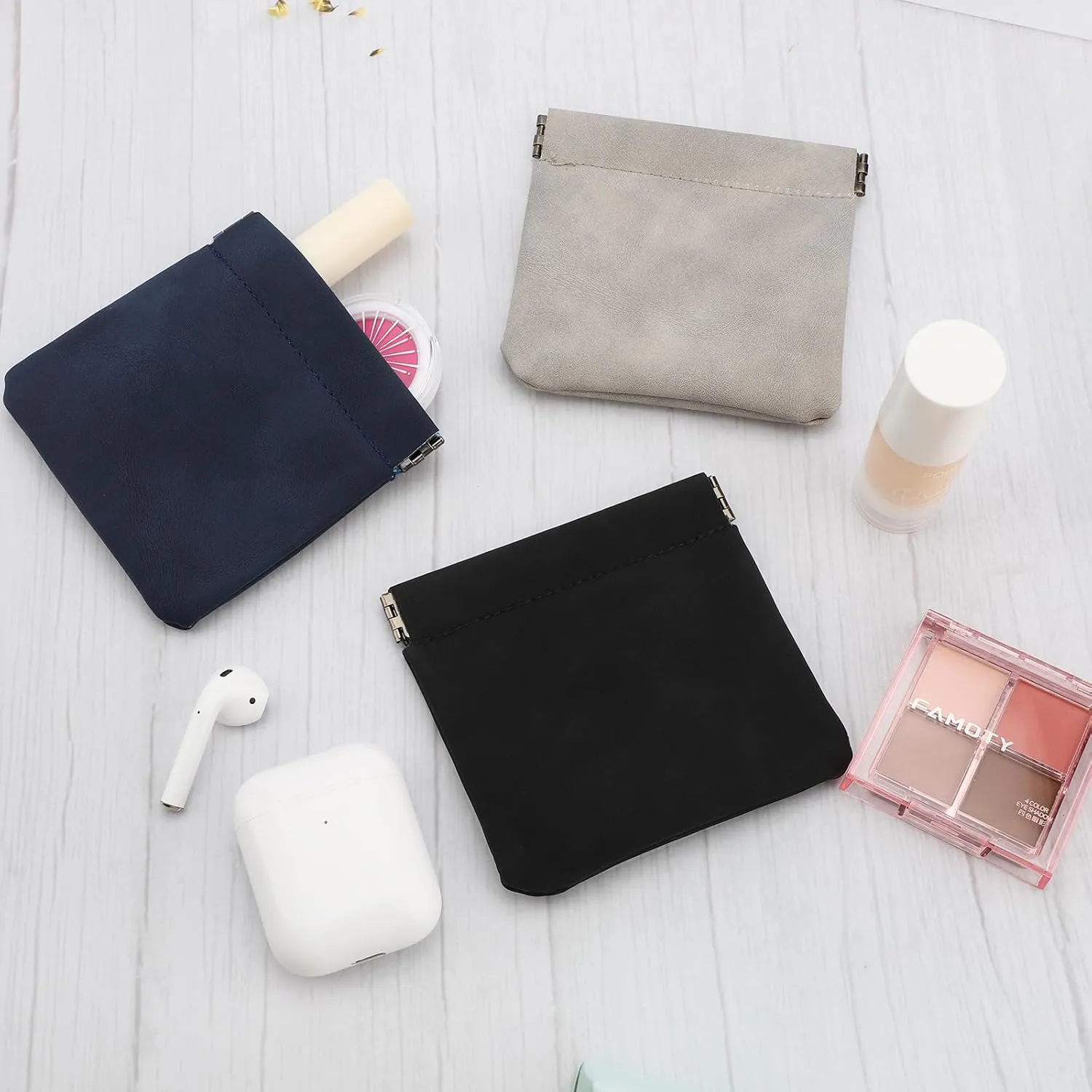3 PCS Small Makeup Bag for Purse,Lambskin Makeup Pouch,Coin purse lipstick Cosmetic Accessories Organizer,Travel Set Organizer,Waterproof Portable Zipperless Self-Sealing Ladies Small Cosmetic Bag