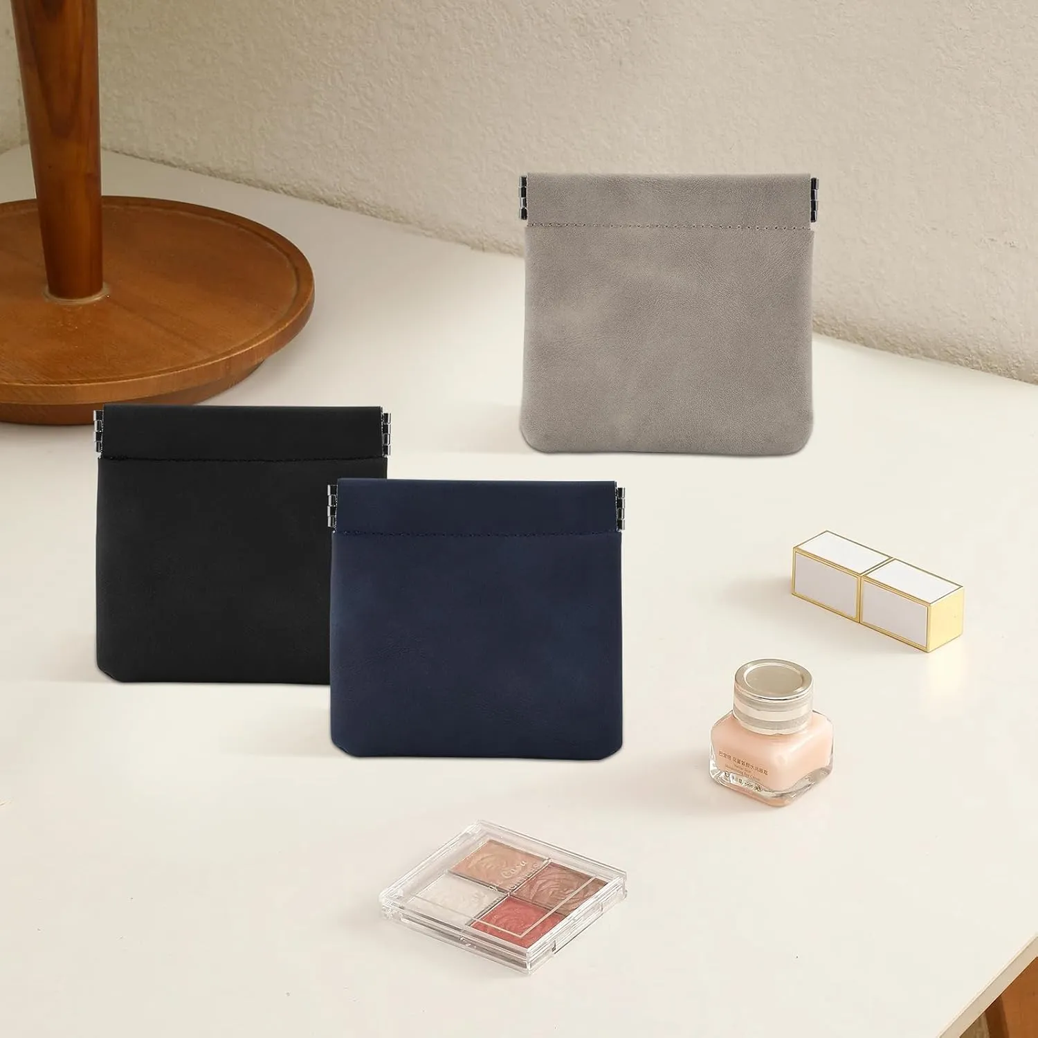 3 PCS Small Makeup Bag for Purse,Lambskin Makeup Pouch,Coin purse lipstick Cosmetic Accessories Organizer,Travel Set Organizer,Waterproof Portable Zipperless Self-Sealing Ladies Small Cosmetic Bag