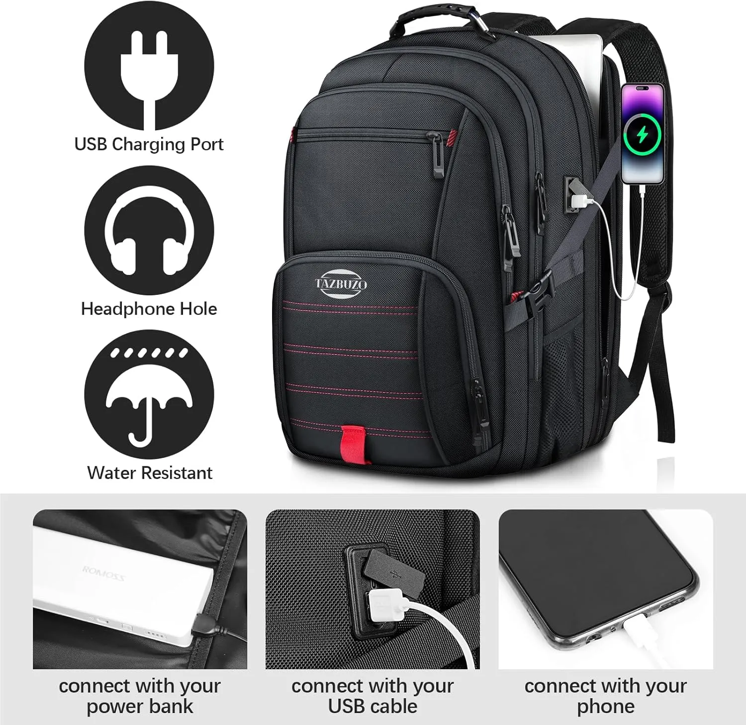 50L Travel Backpack, Extra Large Backpack, Laptop Backpack for Men, big Backpack, Water Resistant TSA Approved Business Work College School Computer Bag with USB Port, Fits 17 Inch Laptops