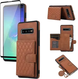 Asuwish Phone Case for Samsung Galaxy S10 Wallet Cover with Tempered Glass Screen Protector and Crossbody Strap Lanyard Credit Card Holder Stand Multiple Cell S 10 Edge 10S GS10 X10 Women Girls Brown