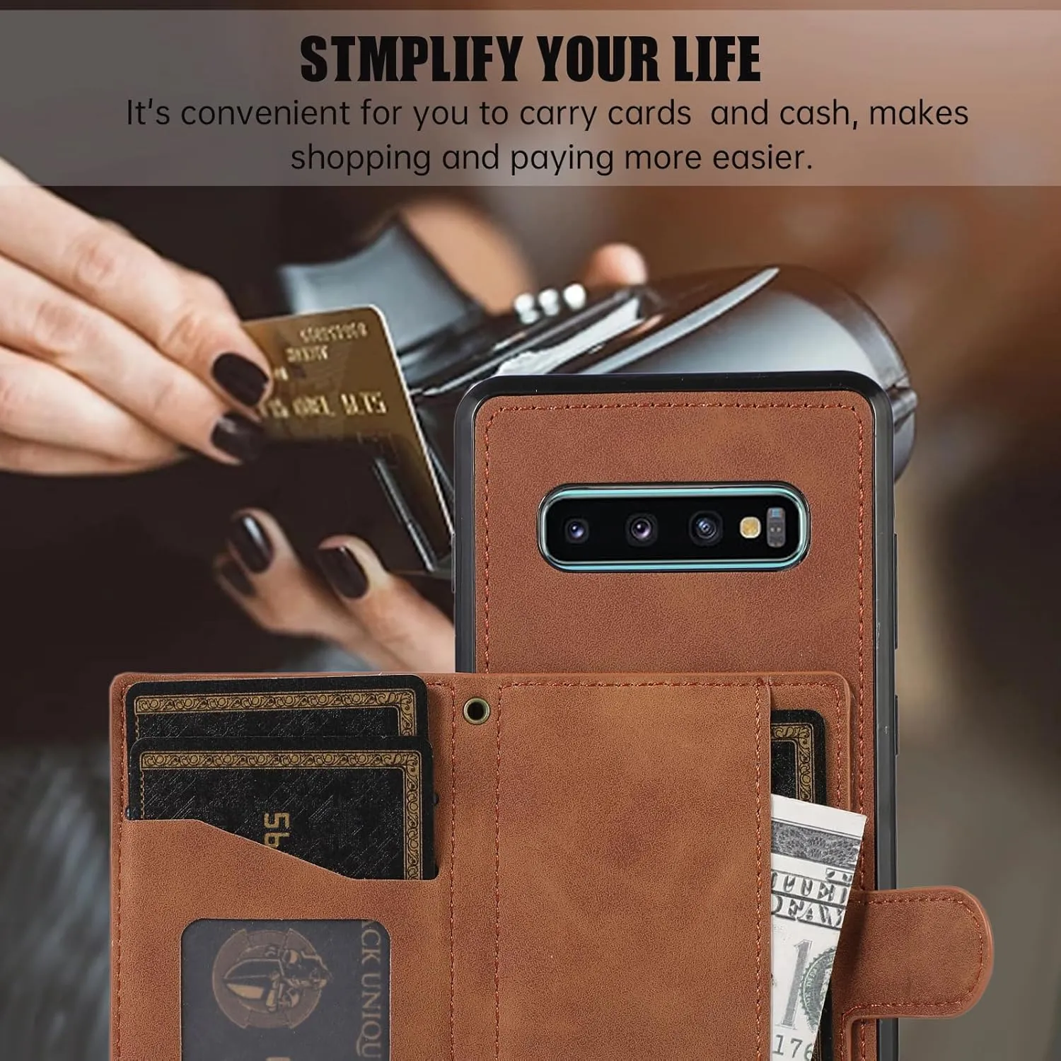 Asuwish Phone Case for Samsung Galaxy S10 Wallet Cover with Tempered Glass Screen Protector and Crossbody Strap Lanyard Credit Card Holder Stand Multiple Cell S 10 Edge 10S GS10 X10 Women Girls Brown
