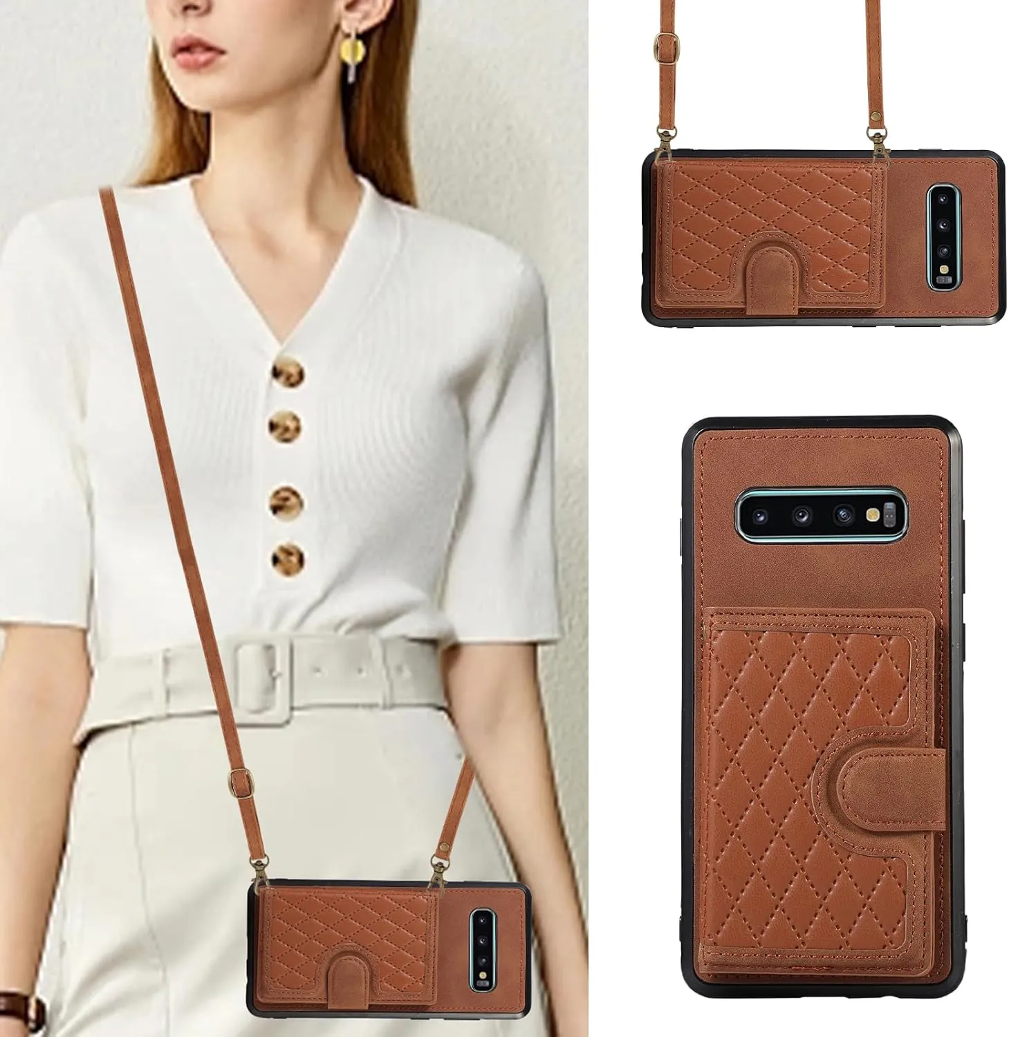 Asuwish Phone Case for Samsung Galaxy S10 Wallet Cover with Tempered Glass Screen Protector and Crossbody Strap Lanyard Credit Card Holder Stand Multiple Cell S 10 Edge 10S GS10 X10 Women Girls Brown