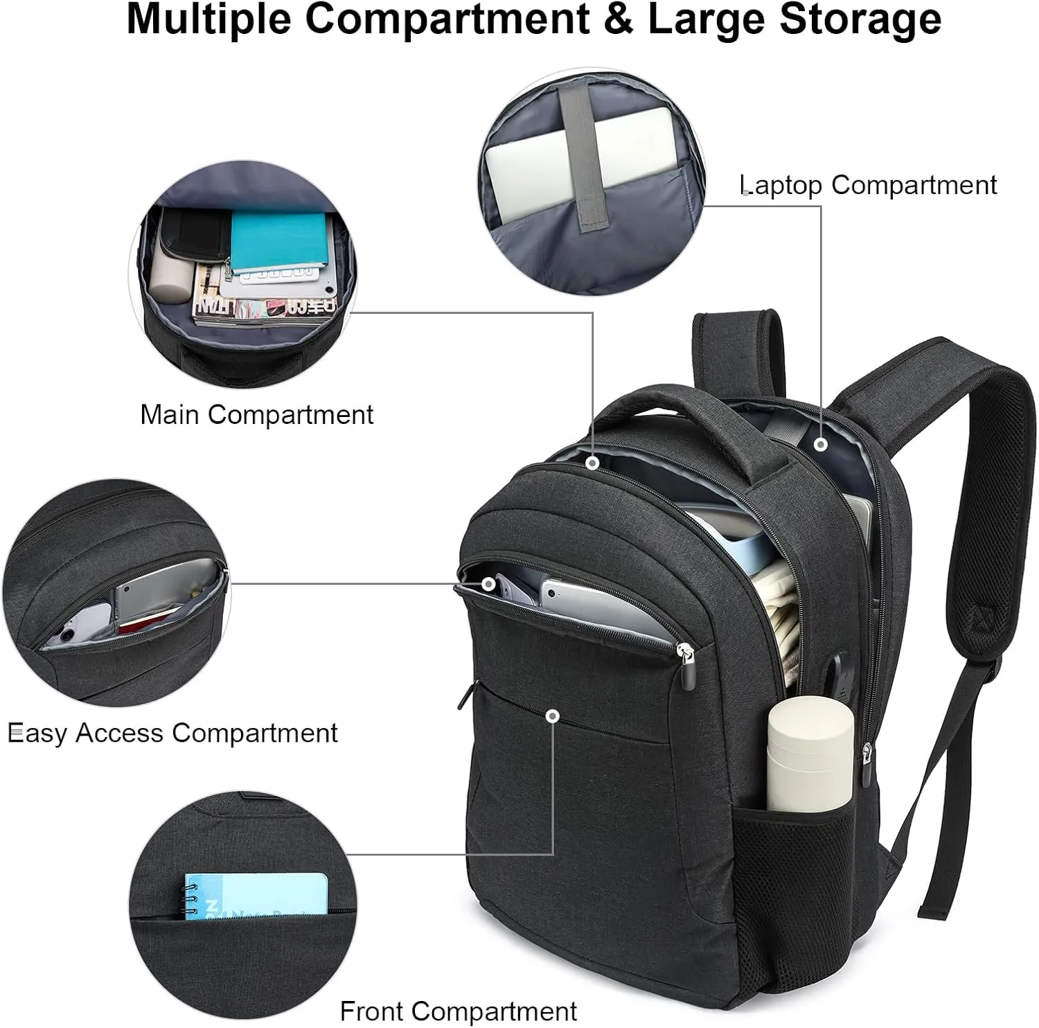 Backpack for Men and Women, School Backpack for Teen, Water Resistant Business Black Travel Laptop Back Pack Fit 15.6 Inch Laptop with USB Charging Port, Black