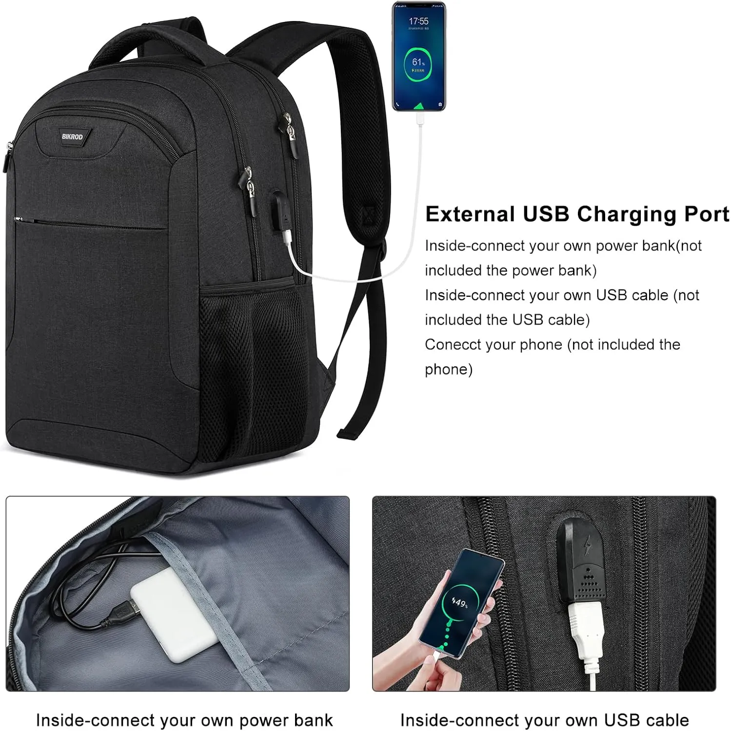 Backpack for Men and Women, School Backpack for Teen, Water Resistant Business Black Travel Laptop Back Pack Fit 15.6 Inch Laptop with USB Charging Port, Black