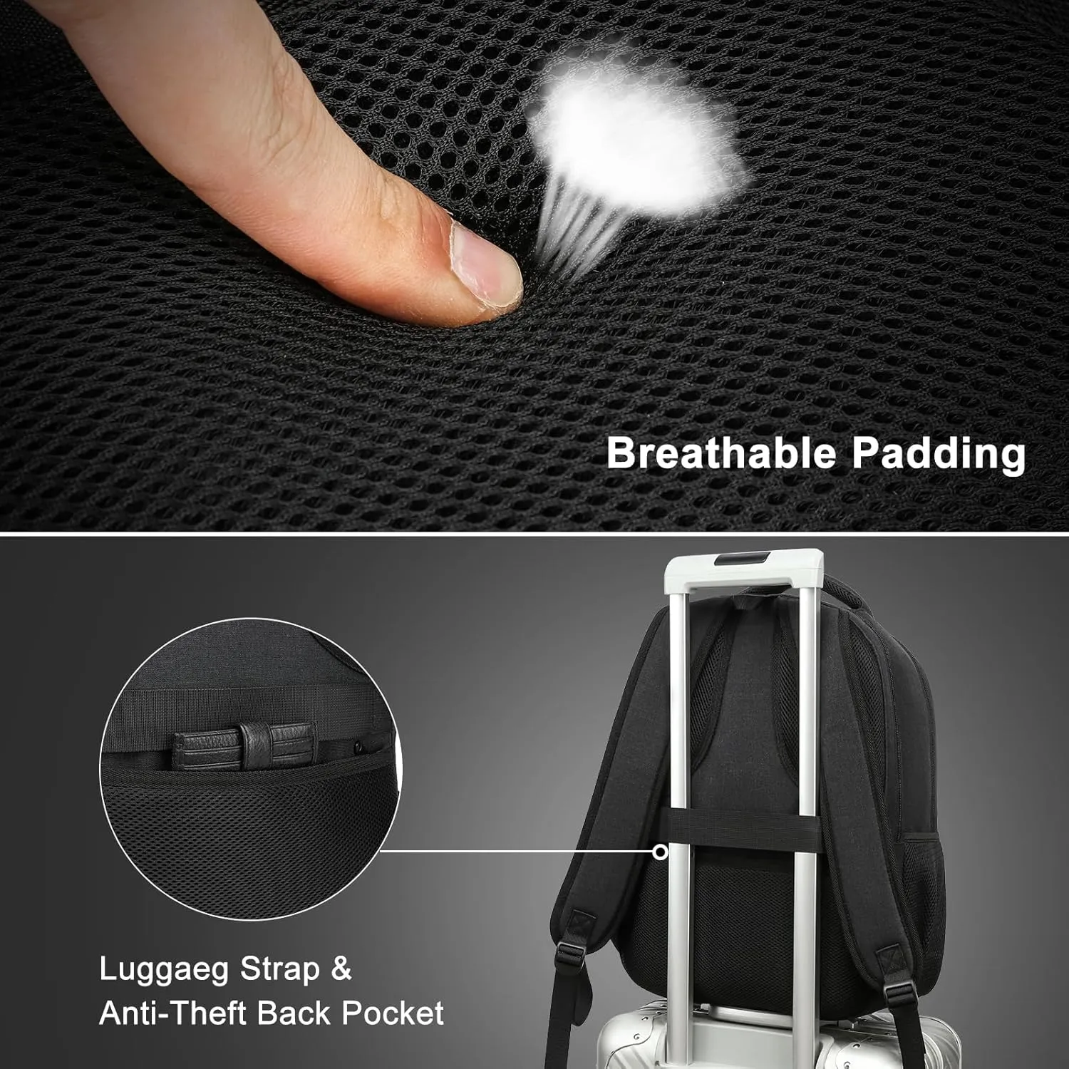 Backpack for Men and Women, School Backpack for Teen, Water Resistant Business Black Travel Laptop Back Pack Fit 15.6 Inch Laptop with USB Charging Port, Black