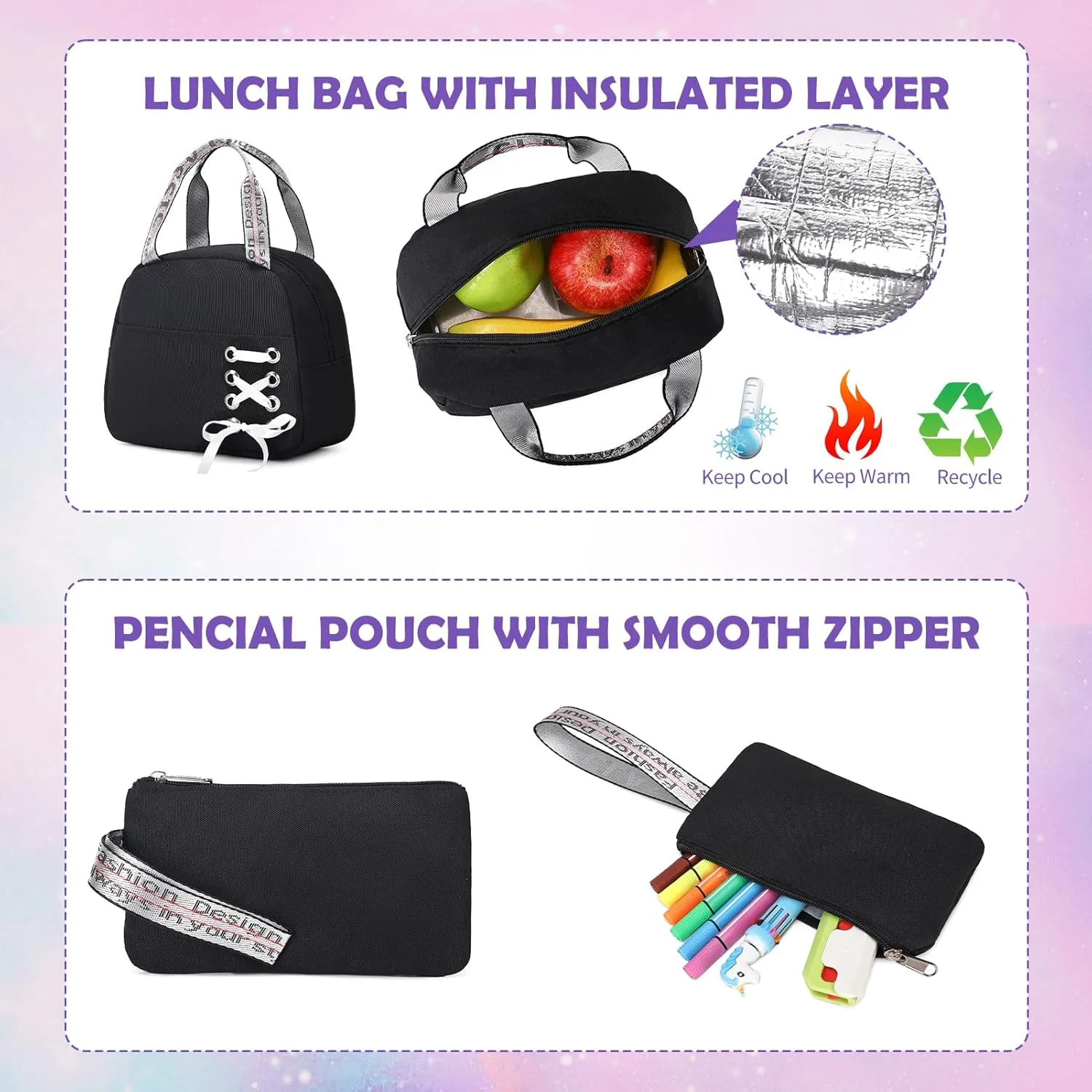 Backpacks for Girls, Girls Backpack with Lunch Box and Pencil Case for Teen Kids Elementary Middle High School College Student, Children School Backpack Bookbag with USB Charging Port (Black)