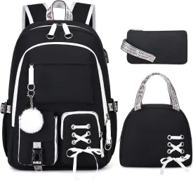 Backpacks for Girls, Girls Backpack with Lunch Box and Pencil Case for Teen Kids Elementary Middle High School College Student, Children School Backpack Bookbag with USB Charging Port (Black)