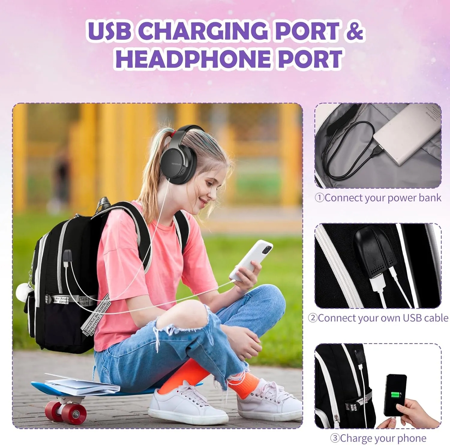 Backpacks for Girls, Girls Backpack with Lunch Box and Pencil Case for Teen Kids Elementary Middle High School College Student, Children School Backpack Bookbag with USB Charging Port (Black)