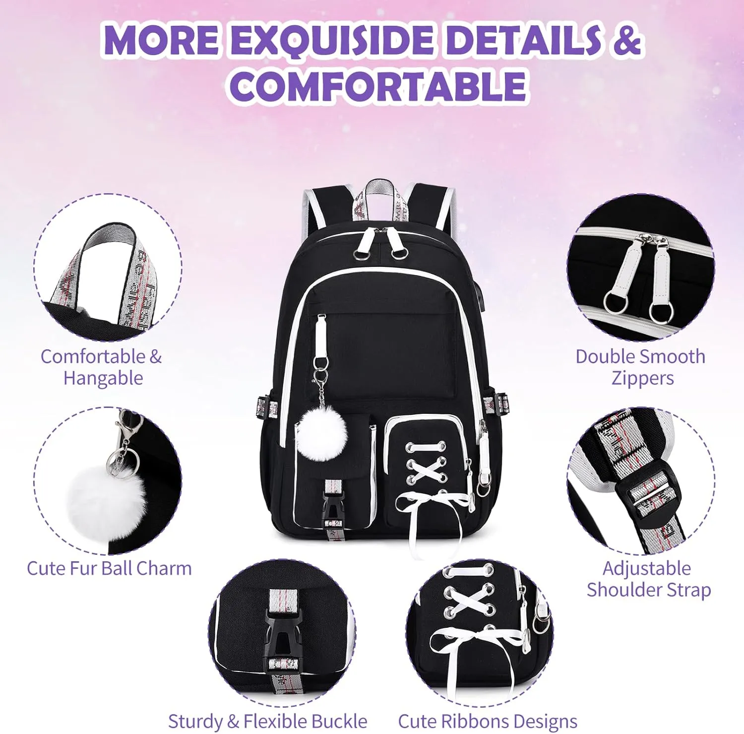 Backpacks for Girls, Girls Backpack with Lunch Box and Pencil Case for Teen Kids Elementary Middle High School College Student, Children School Backpack Bookbag with USB Charging Port (Black)