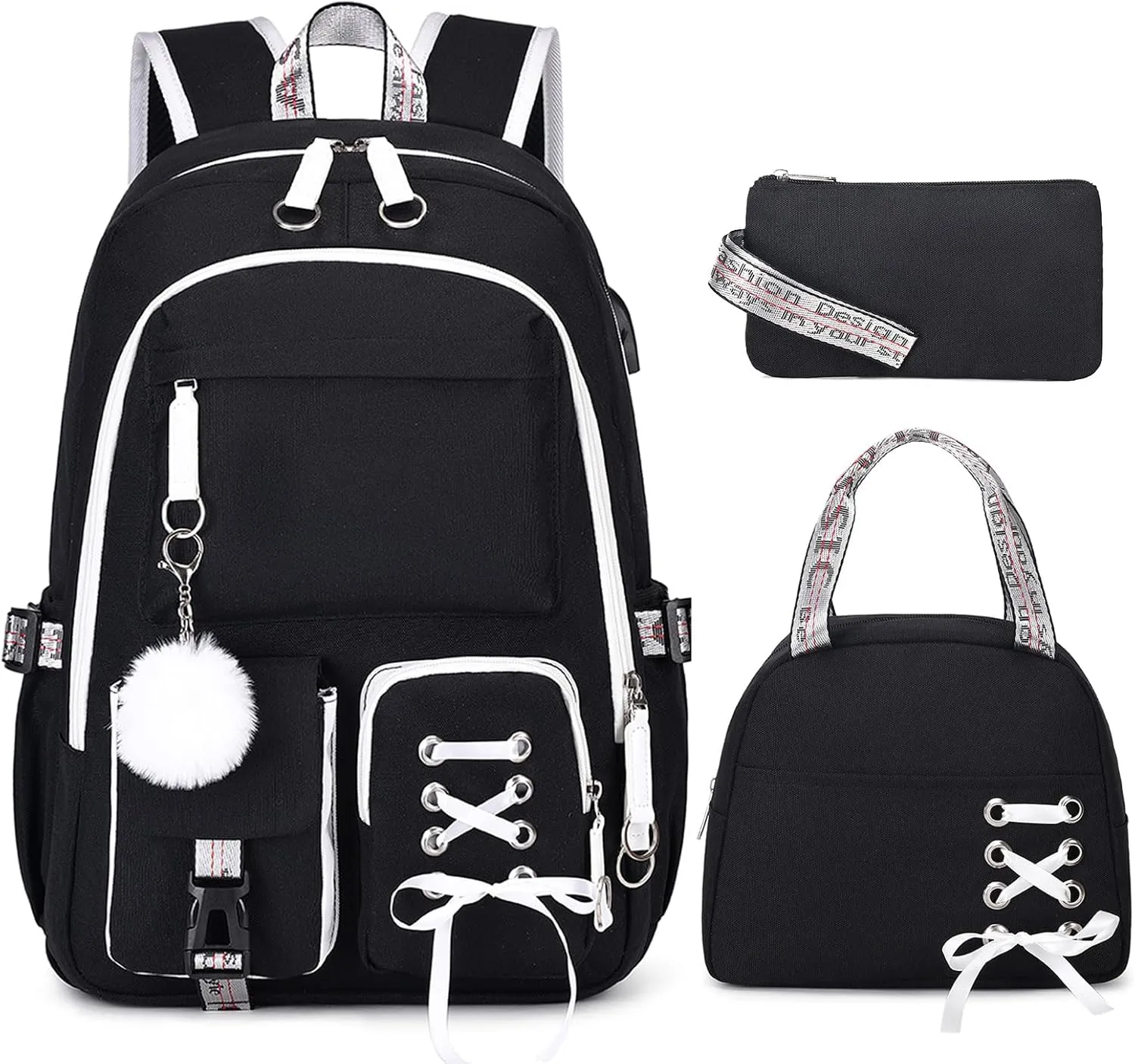Backpacks for Girls, Girls Backpack with Lunch Box and Pencil Case for Teen Kids Elementary Middle High School College Student, Children School Backpack Bookbag with USB Charging Port (Black)