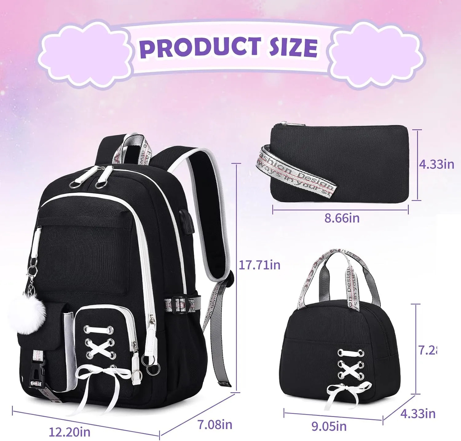 Backpacks for Girls, Girls Backpack with Lunch Box and Pencil Case for Teen Kids Elementary Middle High School College Student, Children School Backpack Bookbag with USB Charging Port (Black)