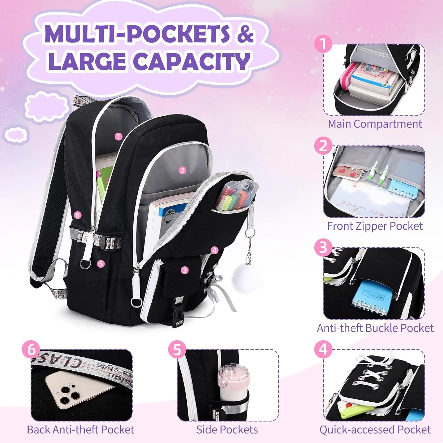Backpacks for Girls, Girls Backpack with Lunch Box and Pencil Case for Teen Kids Elementary Middle High School College Student, Children School Backpack Bookbag with USB Charging Port (Black)
