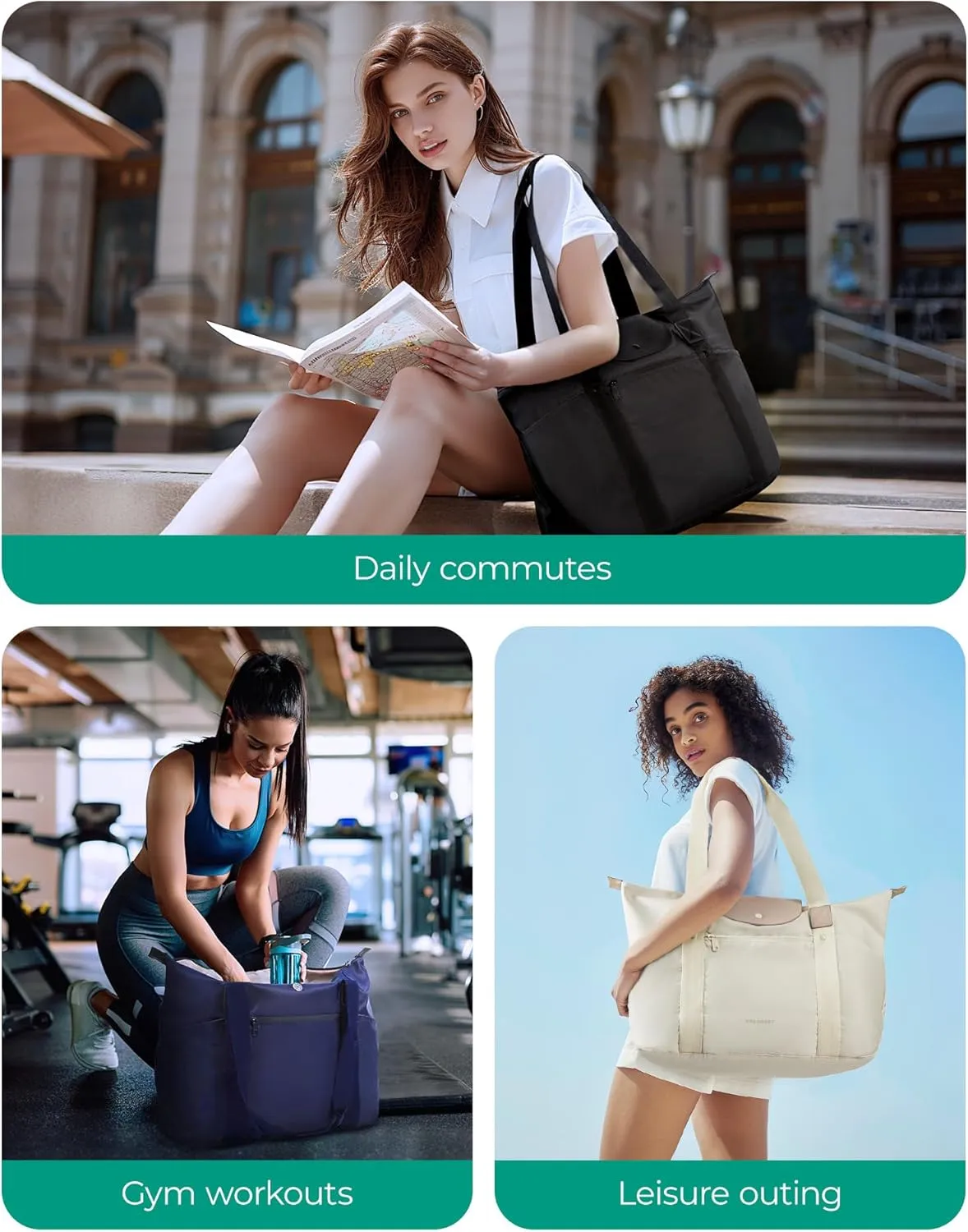 BAGSMART Foldable Tote Bag with Compartments and Zipper for Women's Travel