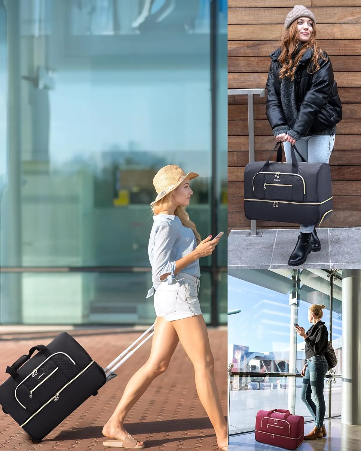 BAGSMART Rolling Duffle Bag with Wheels, 45L Carry-on Luggage Large Travel Bag with Shoes Compartment, Weekender Overnight Bag for Travel, Business Trips(Black)