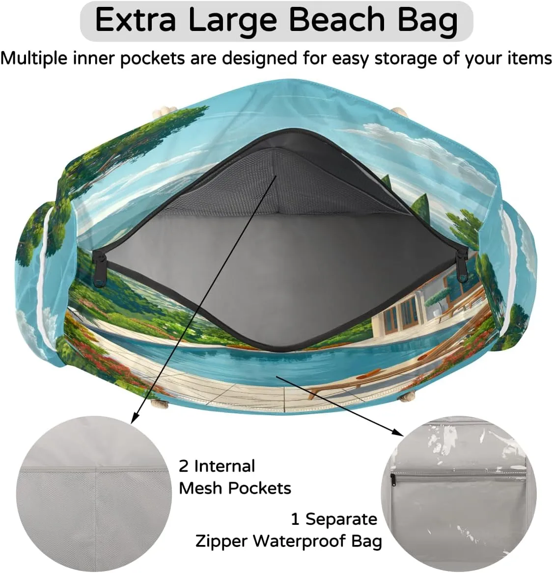 Beach Bags for Women, Large Waterproof Beach Tote Bag for Gym Grocery Travel