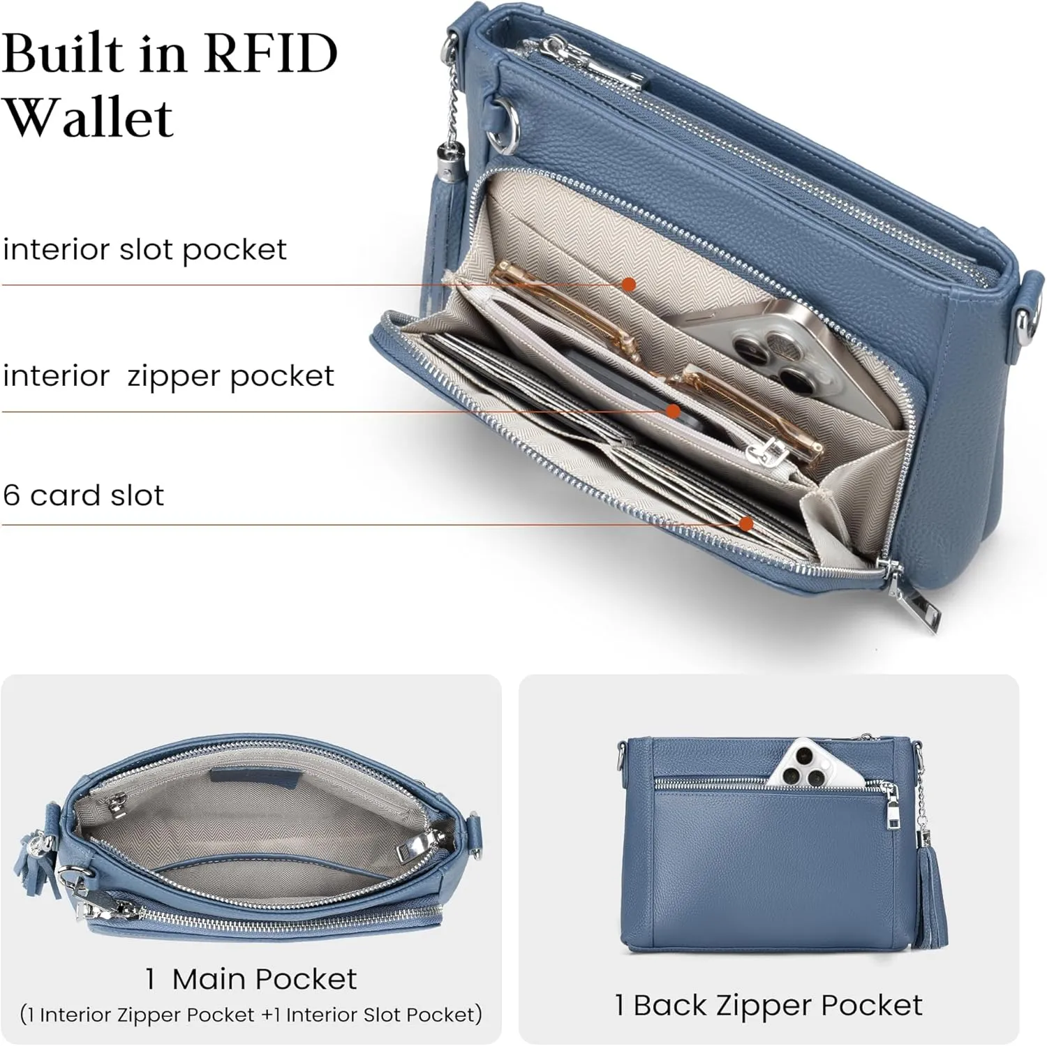 befen Anti Theft Genuine Leather Crossbody Bags for Women Handbags and Shoulder Basg with Built in Wallet RFID Leather Purse