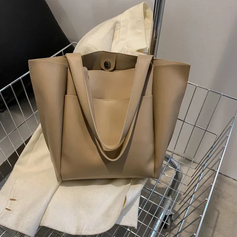 binfenxie  High Quality Soft Leather Woman Casual Tote Shopper Solid Color Handbags Large Capacity Single Shoulder Bag with Outer Pocket