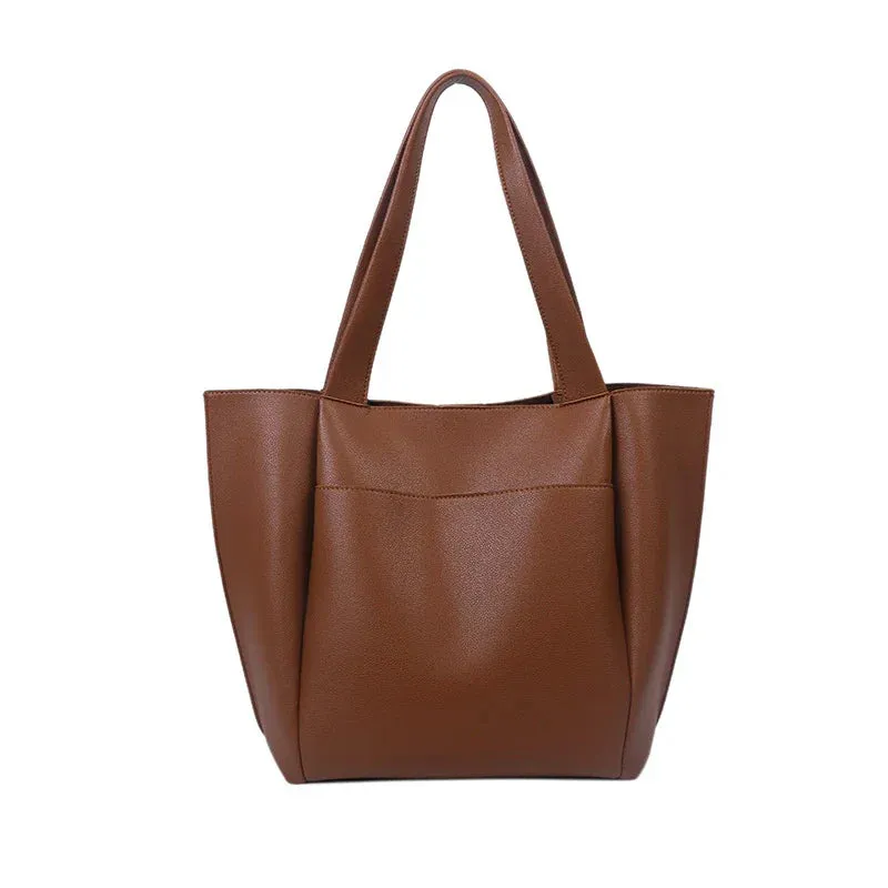 binfenxie  High Quality Soft Leather Woman Casual Tote Shopper Solid Color Handbags Large Capacity Single Shoulder Bag with Outer Pocket