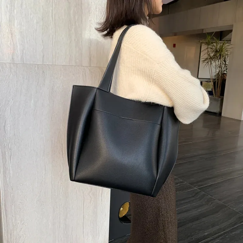 binfenxie  High Quality Soft Leather Woman Casual Tote Shopper Solid Color Handbags Large Capacity Single Shoulder Bag with Outer Pocket