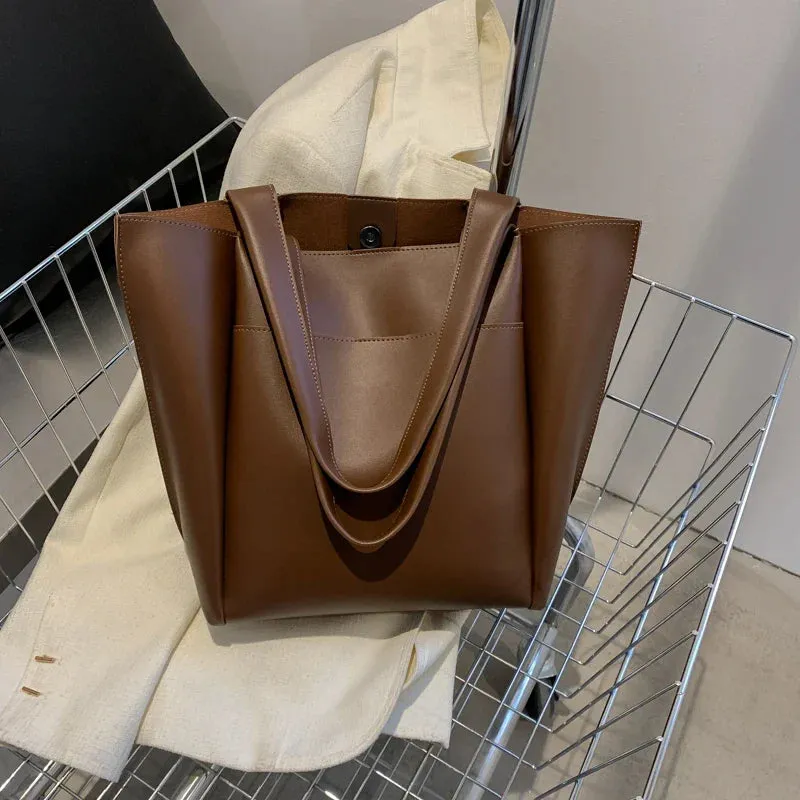 binfenxie  High Quality Soft Leather Woman Casual Tote Shopper Solid Color Handbags Large Capacity Single Shoulder Bag with Outer Pocket