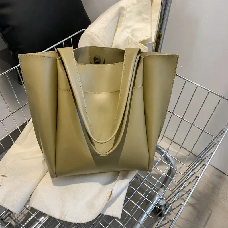 binfenxie  High Quality Soft Leather Woman Casual Tote Shopper Solid Color Handbags Large Capacity Single Shoulder Bag with Outer Pocket