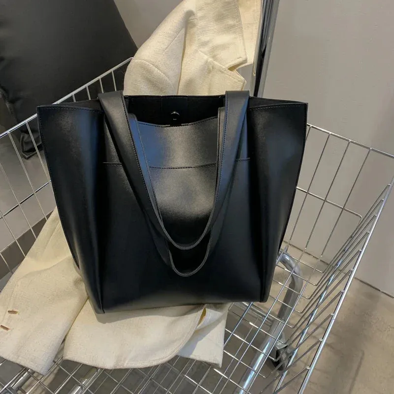 binfenxie  High Quality Soft Leather Woman Casual Tote Shopper Solid Color Handbags Large Capacity Single Shoulder Bag with Outer Pocket