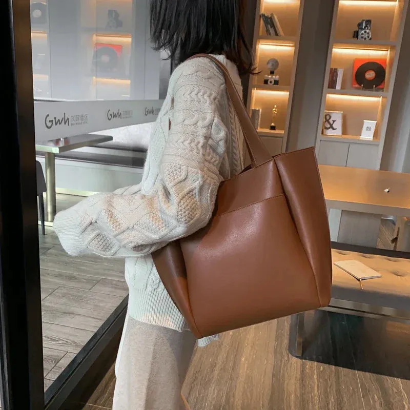 binfenxie  High Quality Soft Leather Woman Casual Tote Shopper Solid Color Handbags Large Capacity Single Shoulder Bag with Outer Pocket