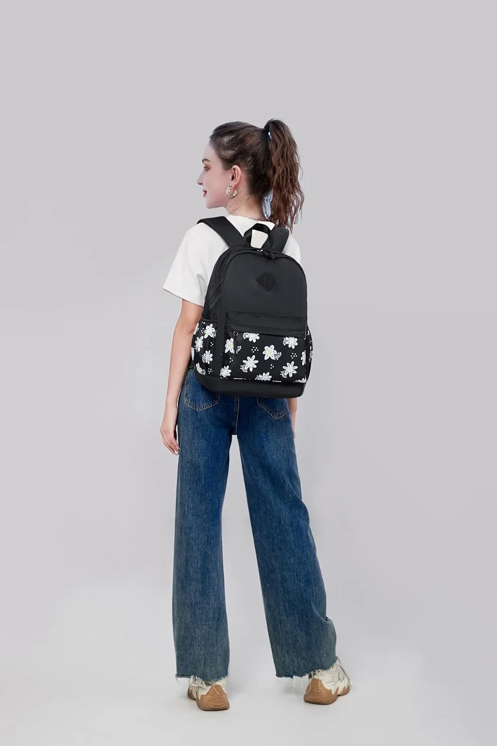 Black Backpack for School Teen Girls Backpacks Women Travel Laptop Back Pack Cute Floral Lightweight Todder Schoolbag Kids Bookbag Carry on Daypack