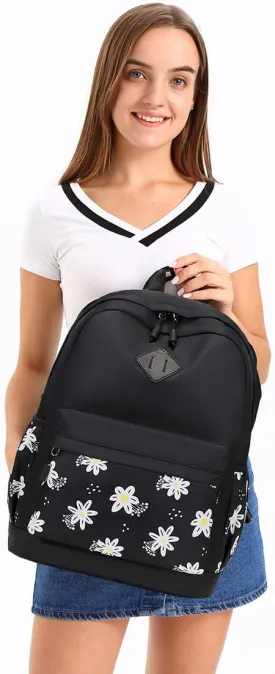 Black Backpack for School Teen Girls Backpacks Women Travel Laptop Back Pack Cute Floral Lightweight Todder Schoolbag Kids Bookbag Carry on Daypack