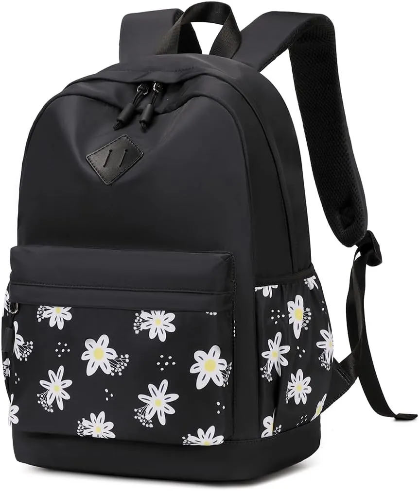 Black Backpack for School Teen Girls Backpacks Women Travel Laptop Back Pack Cute Floral Lightweight Todder Schoolbag Kids Bookbag Carry on Daypack
