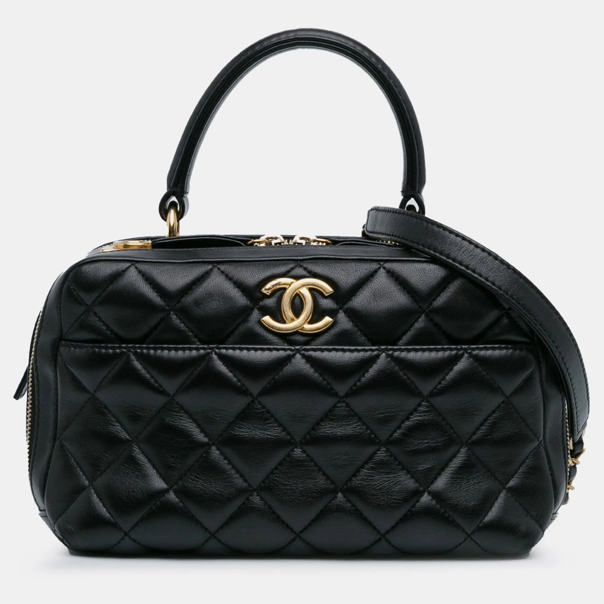 Black Lambskin Leather Medium Trendy CC Bowling Bag