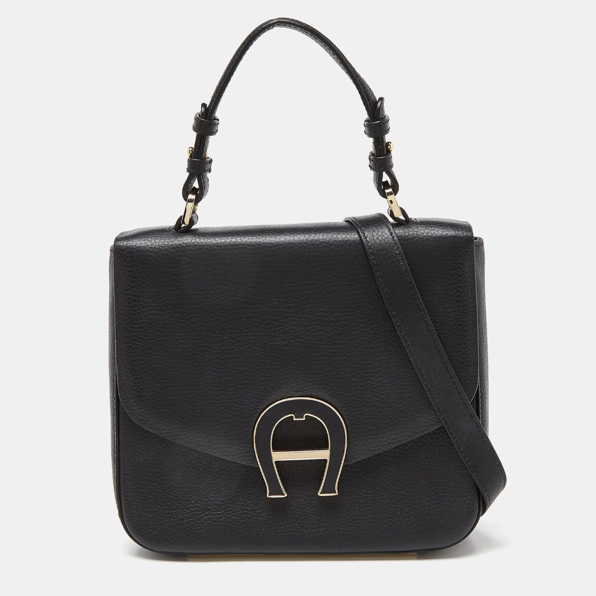 Black Leather Logo Flap Top Handle Bag