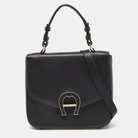 Black Leather Logo Flap Top Handle Bag