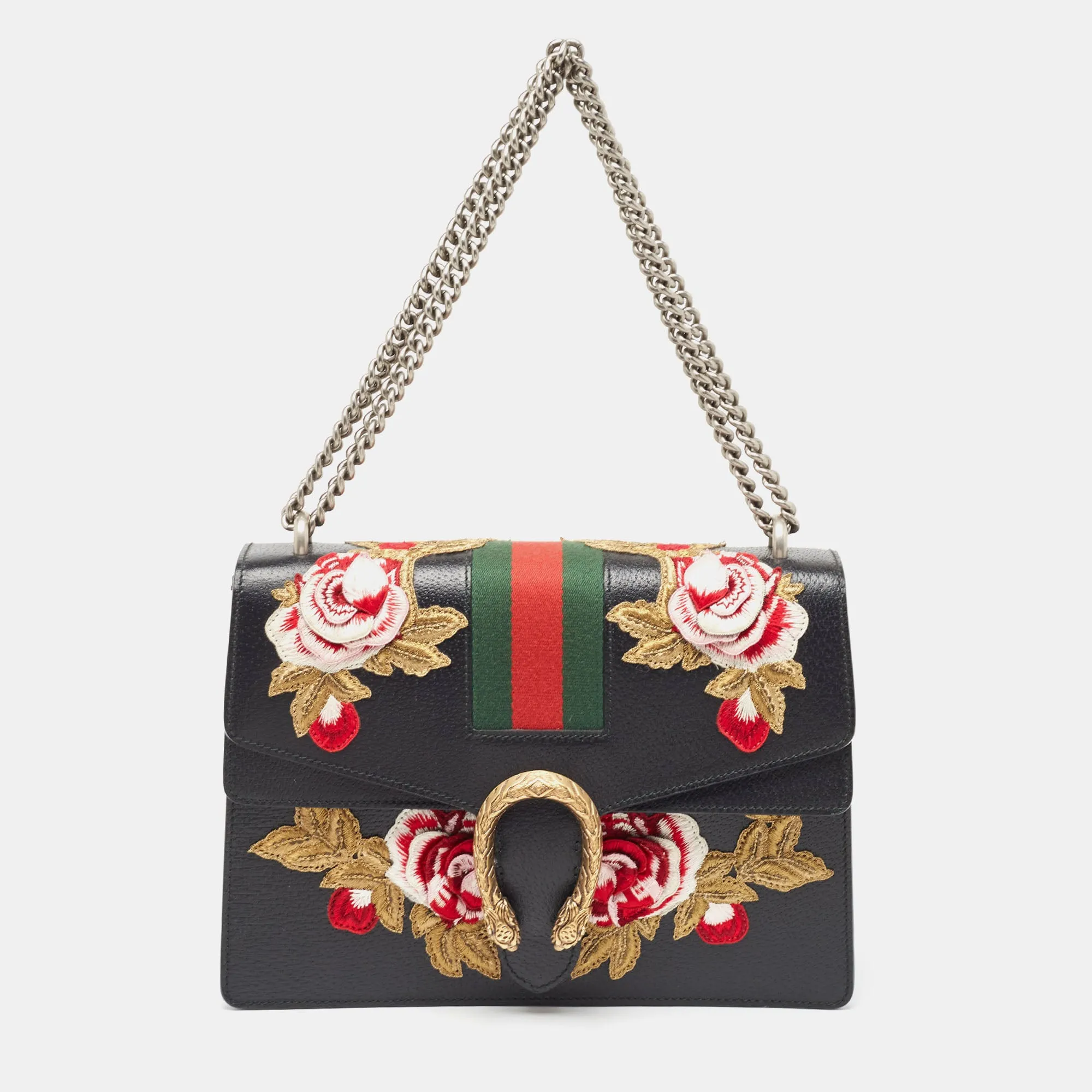 Black Leather Medium Embroidered Web Dionysus Shoulder Bag