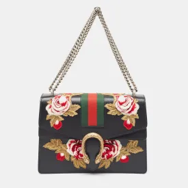 Black Leather Medium Embroidered Web Dionysus Shoulder Bag