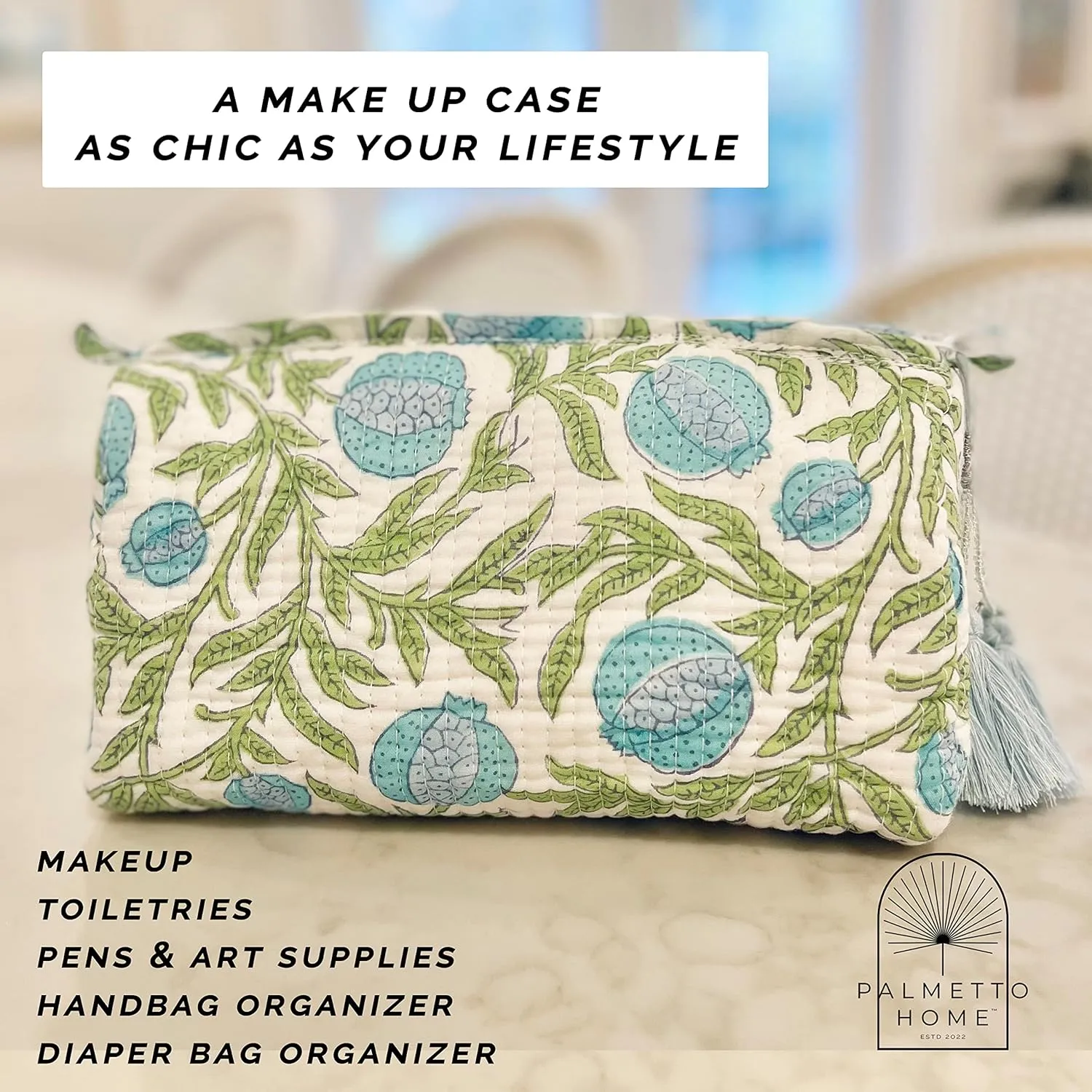 Block Print Toiletry Case & Makeup Bag - Blue & Green Pomegranate