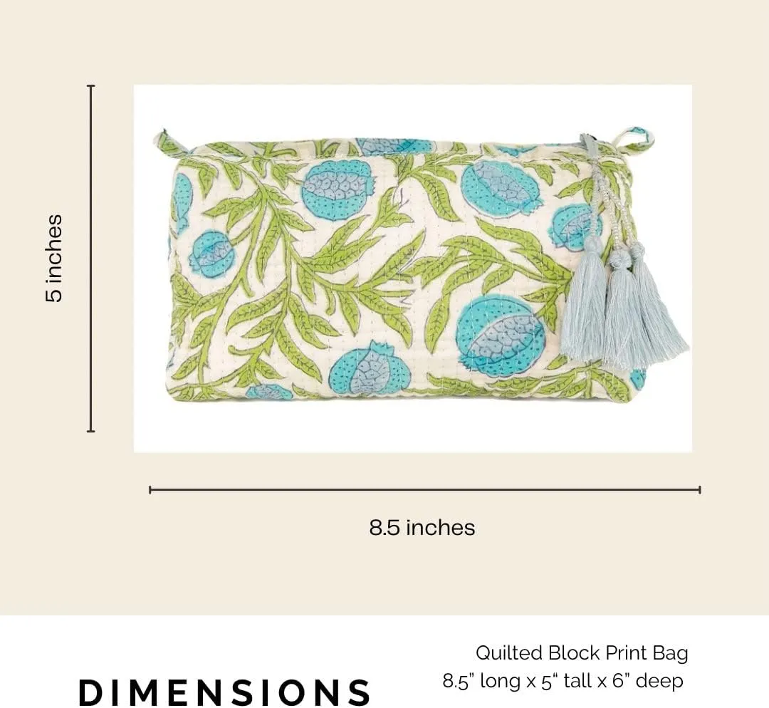 Block Print Toiletry Case & Makeup Bag - Blue & Green Pomegranate