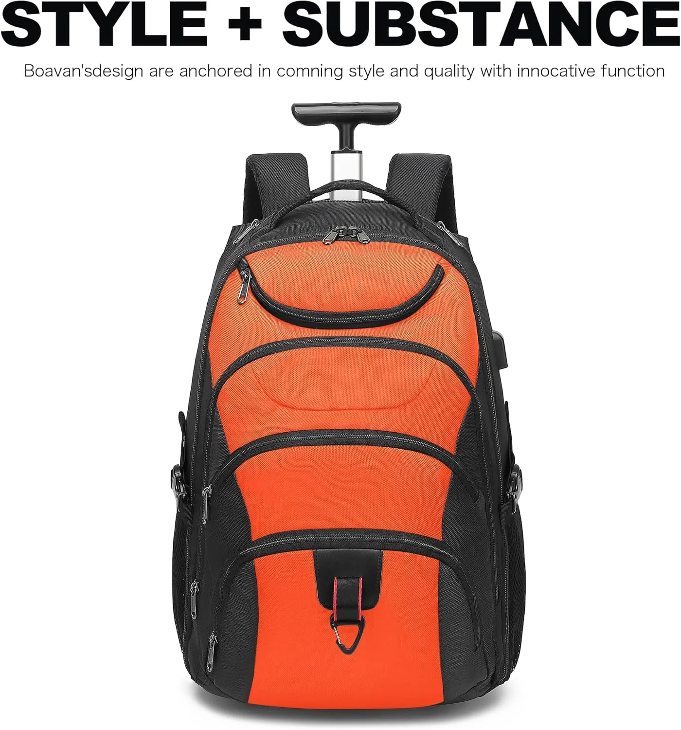 Boavan Rolling Backpack,17 inch Water Resistant Wheeled Backpack,Carry on Luggage Business Bag, Overnight College Computer Backpack Trolley Suitcase for Men Women Adults to TravelBlack&Orange