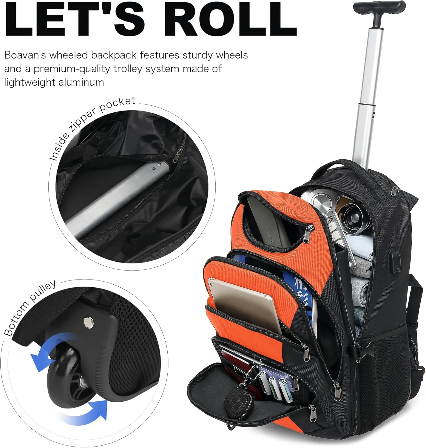 Boavan Rolling Backpack,17 inch Water Resistant Wheeled Backpack,Carry on Luggage Business Bag, Overnight College Computer Backpack Trolley Suitcase for Men Women Adults to TravelBlack&Orange