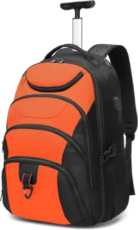 Boavan Rolling Backpack,17 inch Water Resistant Wheeled Backpack,Carry on Luggage Business Bag, Overnight College Computer Backpack Trolley Suitcase for Men Women Adults to TravelBlack&Orange