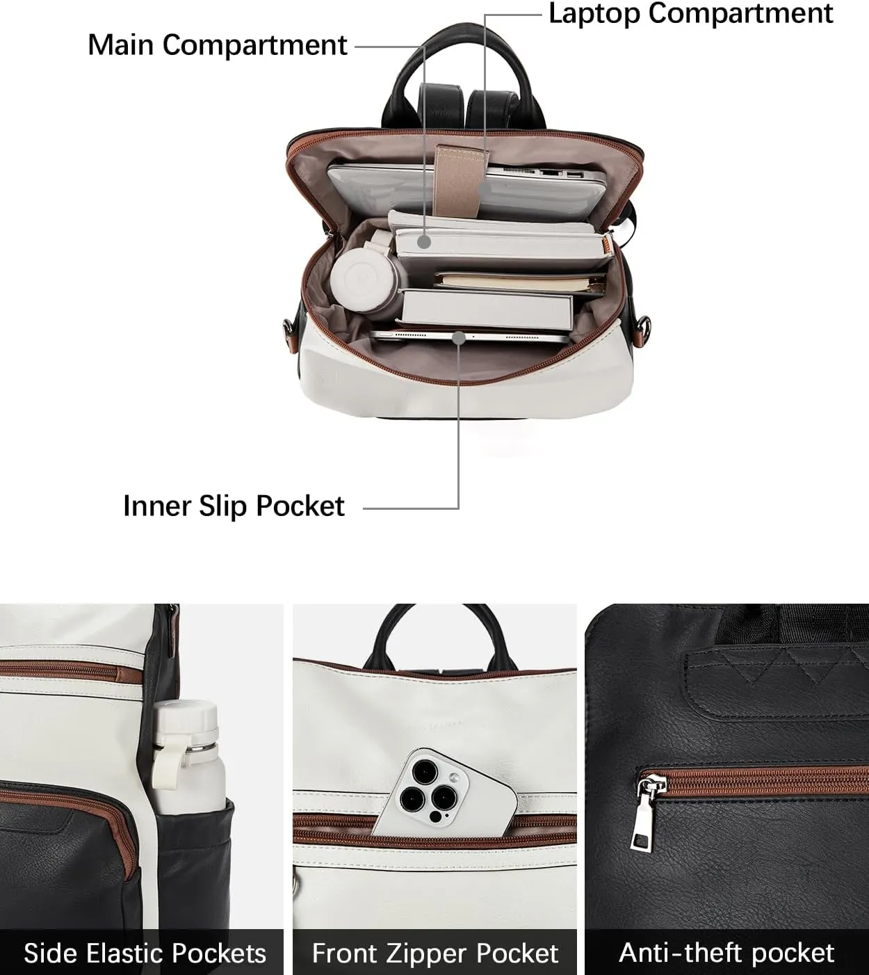 BOSTANTEN Leather Laptop Backpack for Women Designer Travel Backpack with Laptop Compartment Ladies Computer Shoulder Bags BlackBeigeBrown